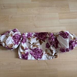 Pink and White Puff-Sleeve Off-Shoulder Smocked Tube Crop Top